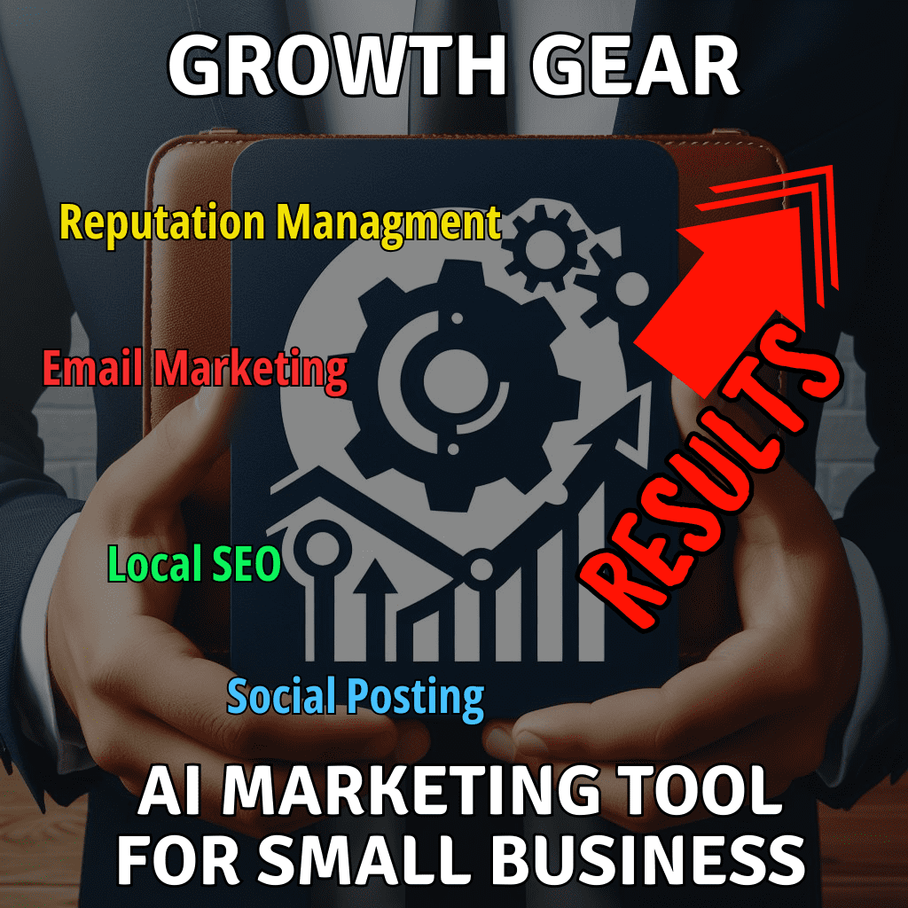 Image depicting Growth Gear, an AI-powered marketing software designed for small businesses. Features include an automated email campaign tool, a centralized inbox for streamlined communication, an AI-powered chatbot for efficient customer interaction, and a review and reputation management system to maintain positive business presence. Enhance Your Online Visibility & Drive Business Growth