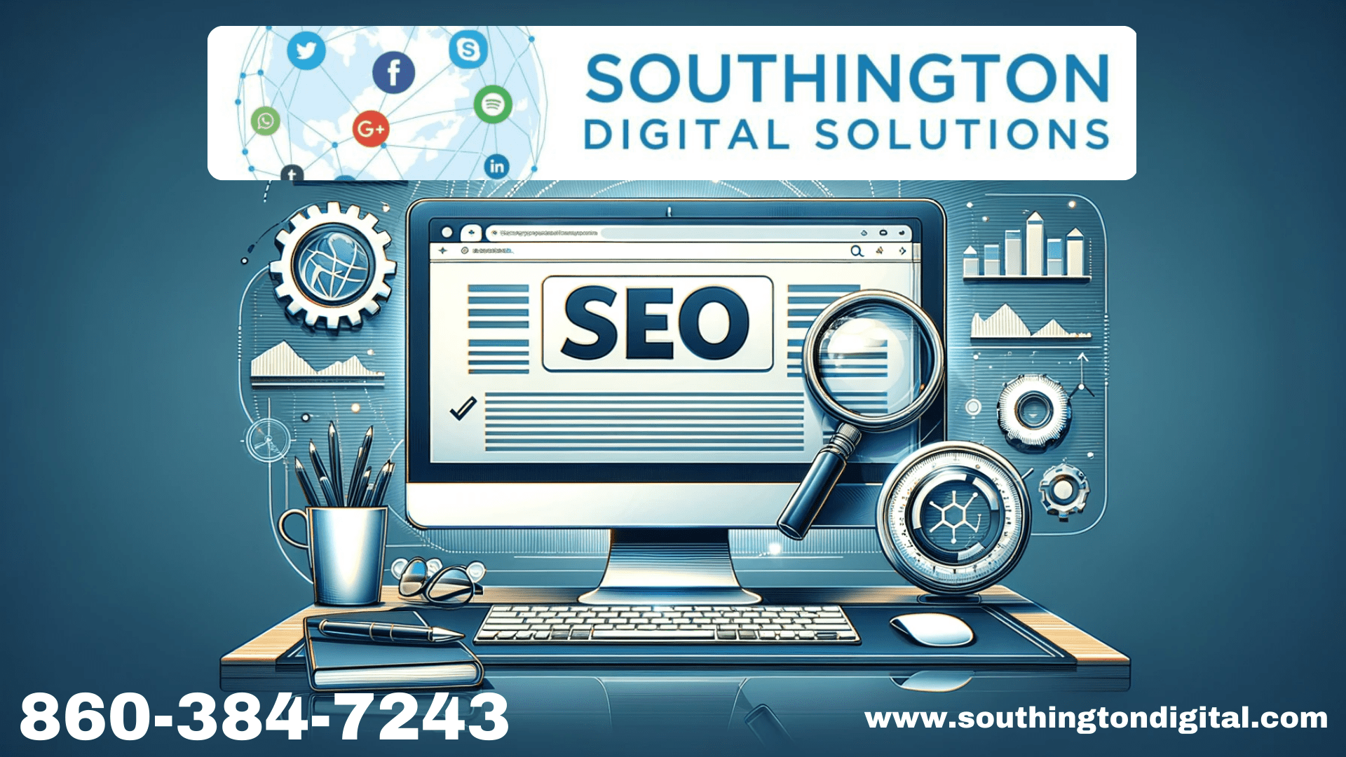 Digital marketing agency SEO services banner displaying a computer screen with search engine results, magnifying glass on 'SEO', and website optimization symbols like gears and graphs, ideal for enhancing online visibility and search engine ranking.