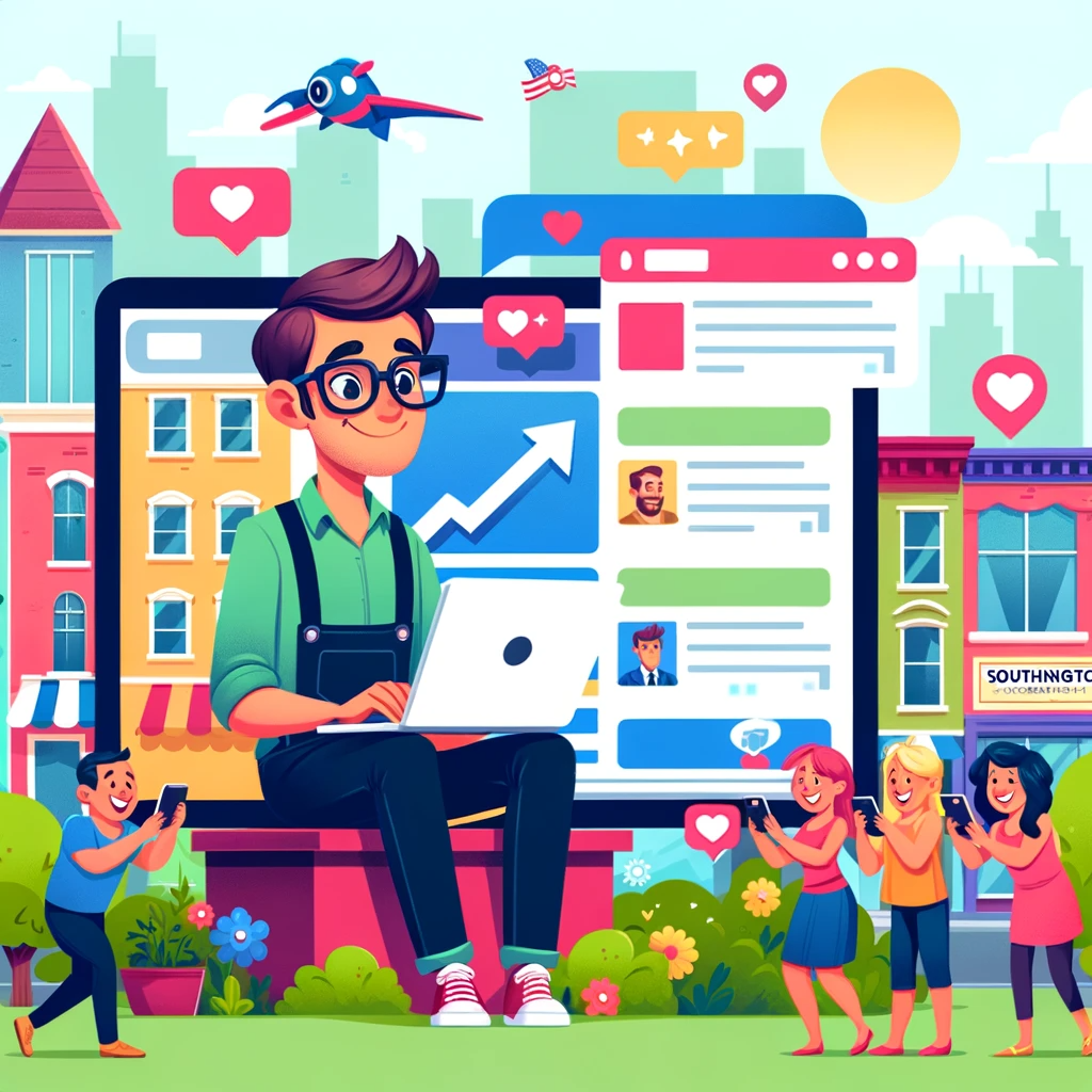 Colorful cartoon image showcasing social media marketing in Southington, CT, with a local business owner engaging online and customers interacting on mobile devices, emphasizing effective community connection and digital marketing strategies.