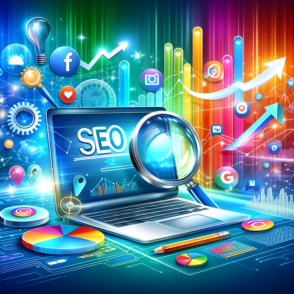 Colorful image showing the power of SEo when used across website and social media