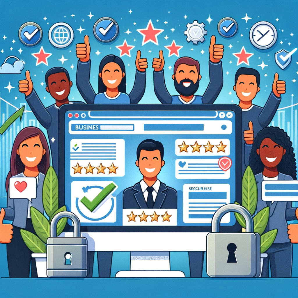 An illustration of increased credibility and trust for a business's online presence. The image shows a business website on a computer screen with symbols of trust like checkmarks, stars, and badges. Surrounding the computer are happy customers giving thumbs up and writing positive reviews. The background includes secure padlocks, a trust meter, and a rising graph indicating growth, reflecting how a credible and trustworthy online presence boosts customer confidence and engagement.