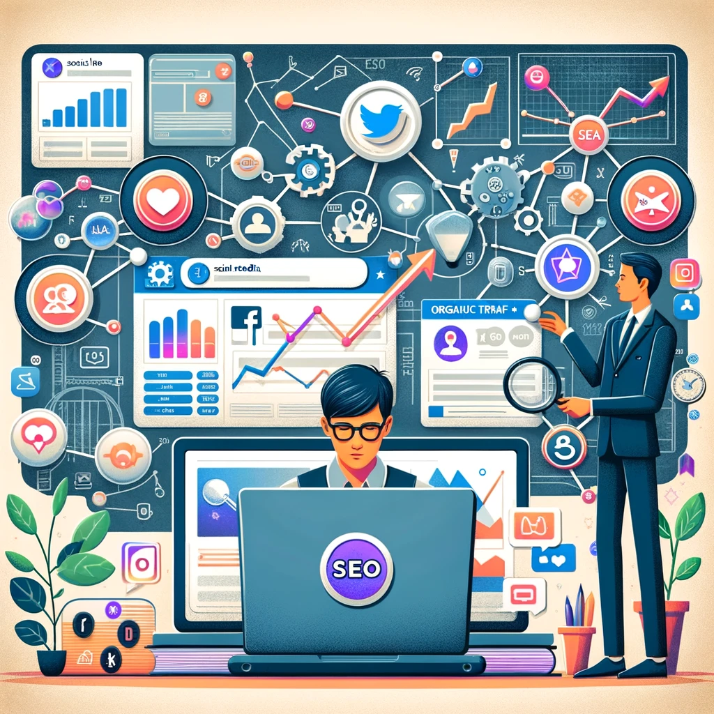 An illustration of integrating social media into an SEO strategy. The image shows a business owner using a laptop with a split screen displaying social media platforms (Facebook, Twitter, Instagram) and an SEO dashboard. Icons of likes, shares, and comments are connected to SEO metrics like keyword rankings and organic traffic. The background includes symbols of connectivity, such as linked chains and arrows, indicating the synergy between social media and SEO. Elements like a growth chart and social media posts highlight the impact of this integration.